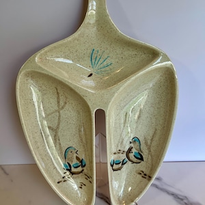 Vintage Red Wing Bob White Relish Dish - 14" Mid Century Modern 3-Section Server - 1950s Quail Pattern Pottery - Atomic Era Hostess Gift