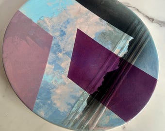 Vintage 1989 Studio Pottery Platter – Postmodern Abstract Purple Mauve Ceramic – Large Statement Art Piece – Moody 80s Decor
