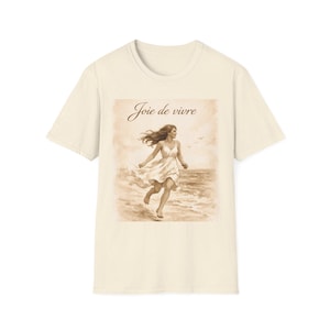 Joie de Vivre Beach Scene T-Shirt | Vintage Woman Running on Shore image 1