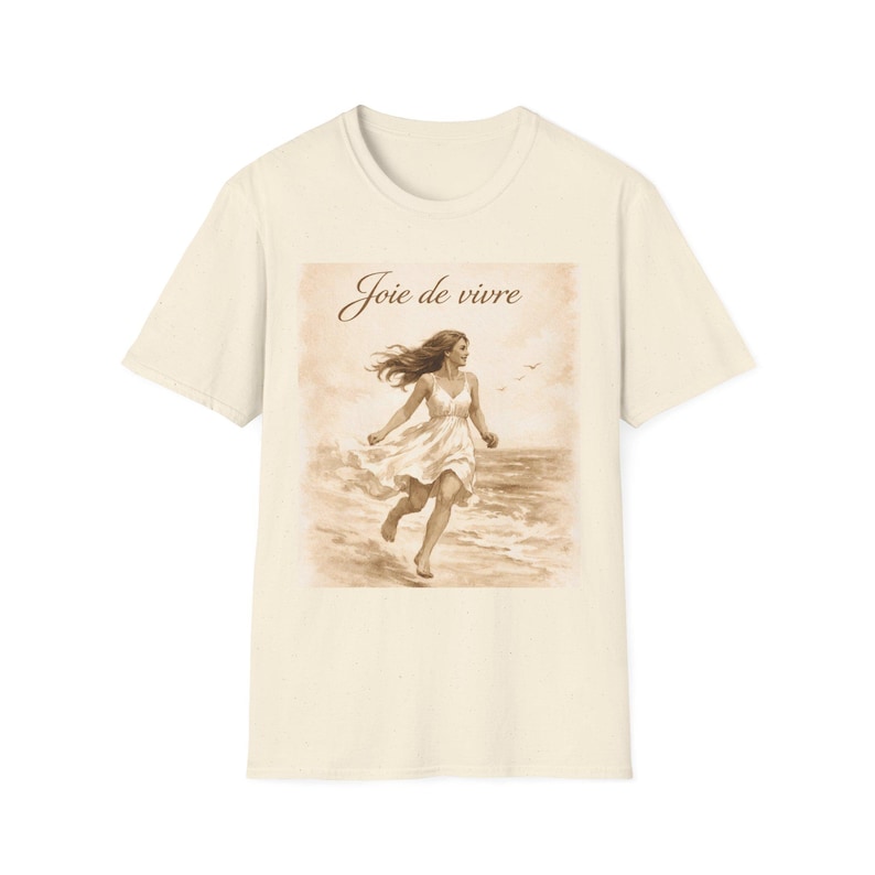Joie de Vivre Beach Scene T-Shirt | Vintage Woman Running on Shore image 1