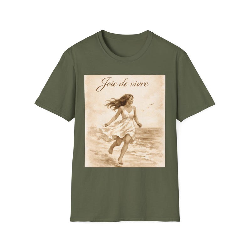 Joie de Vivre Beach Scene T-Shirt | Vintage Woman Running on Shore image 9