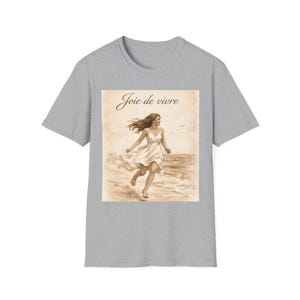 Joie de Vivre Beach Scene T-Shirt | Vintage Woman Running on Shore image 8