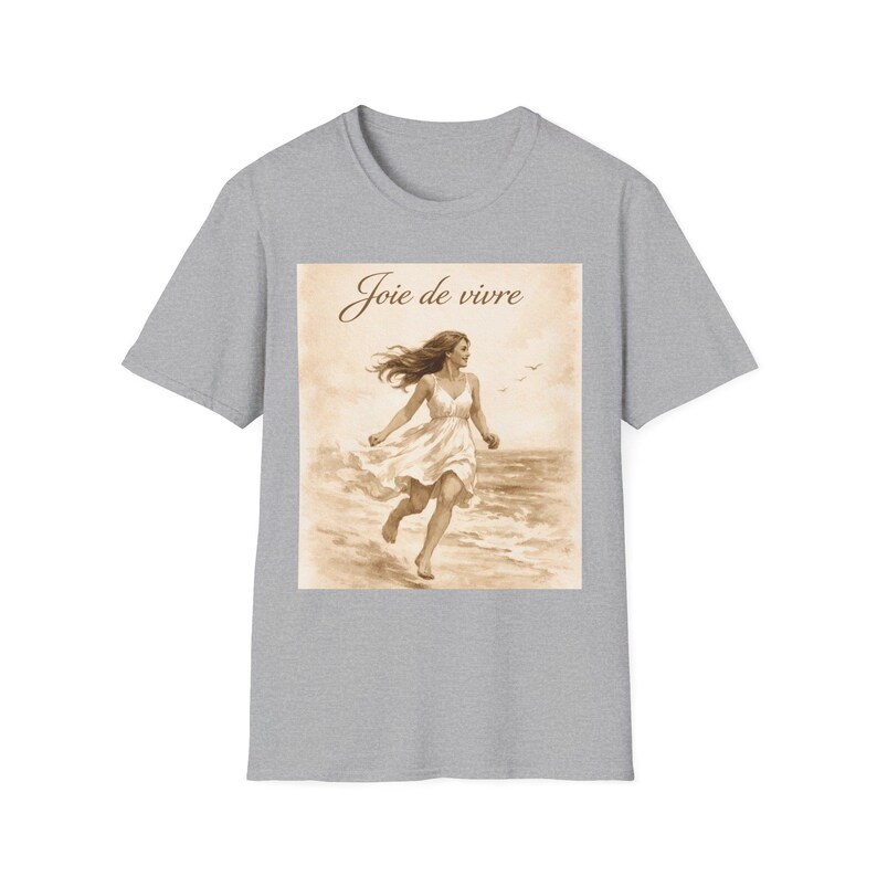 Joie de Vivre Beach Scene T-Shirt | Vintage Woman Running on Shore image 8
