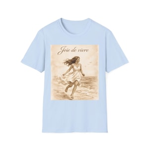 Joie de Vivre Beach Scene T-Shirt | Vintage Woman Running on Shore image 10