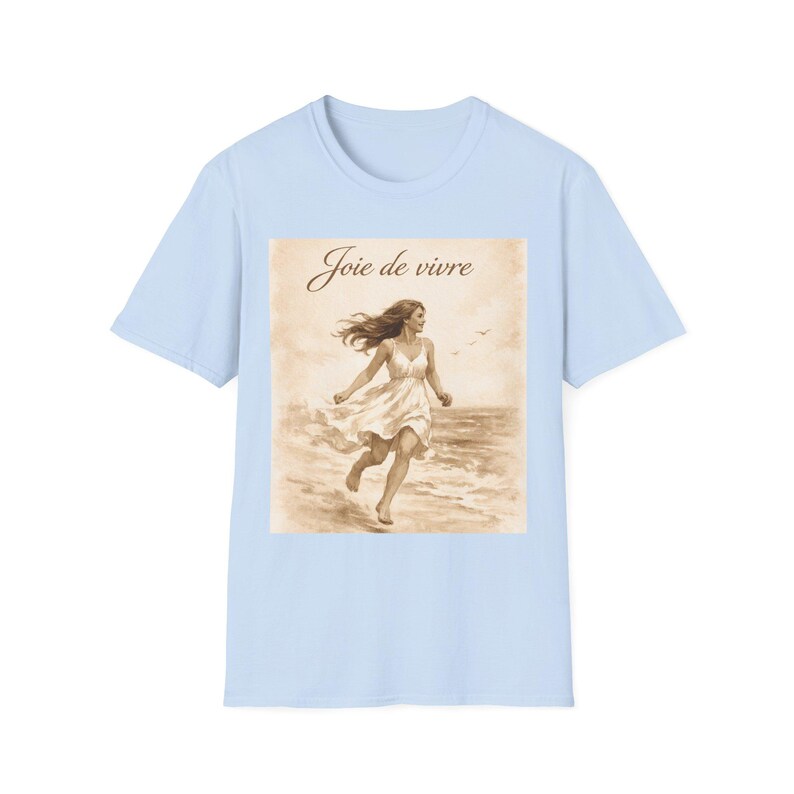 Joie de Vivre Beach Scene T-Shirt | Vintage Woman Running on Shore image 10