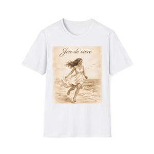 Joie de Vivre Beach Scene T-Shirt | Vintage Woman Running on Shore image 6