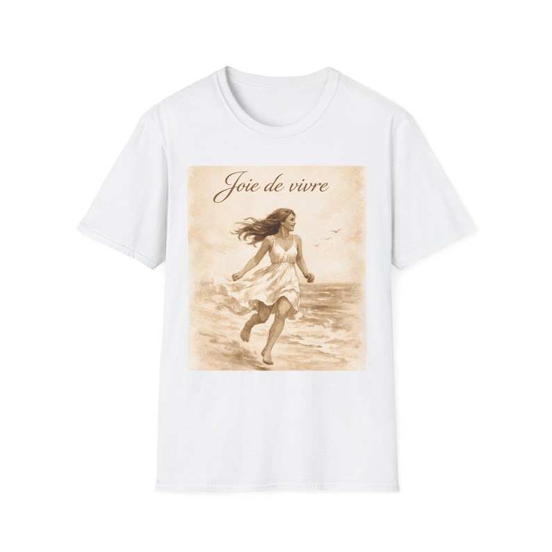 Joie de Vivre Beach Scene T-Shirt | Vintage Woman Running on Shore image 6