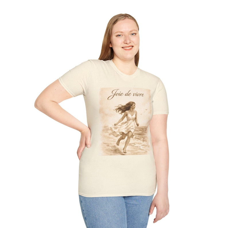 Joie de Vivre Beach Scene T-Shirt | Vintage Woman Running on Shore image 2