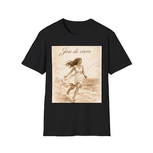 Joie de Vivre Beach Scene T-Shirt | Vintage Woman Running on Shore image 7