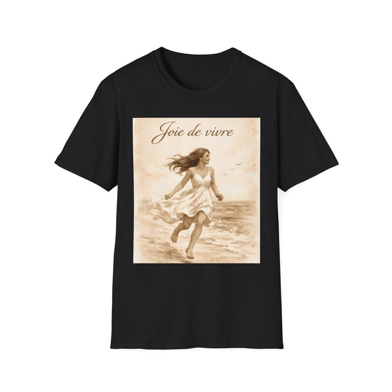Joie de Vivre Beach Scene T-Shirt | Vintage Woman Running on Shore image 7