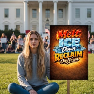 May include: A young person sits cross-legged on grass, holding a sign that reads "Melt Ice Down Reclaim Our Town." The sign features flames, ice, and a sunburst design. The White House is in the background.