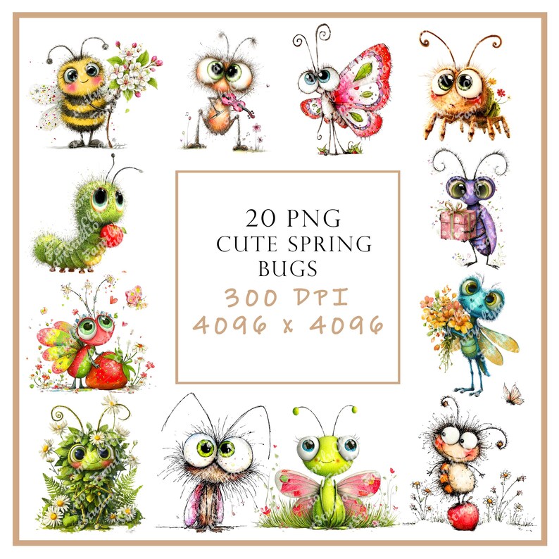 Spring Cartoon Bugs Cute Spring Bugs Clipart PNG Bundle, Kawaii Insects Clip Art, Ladybug ...