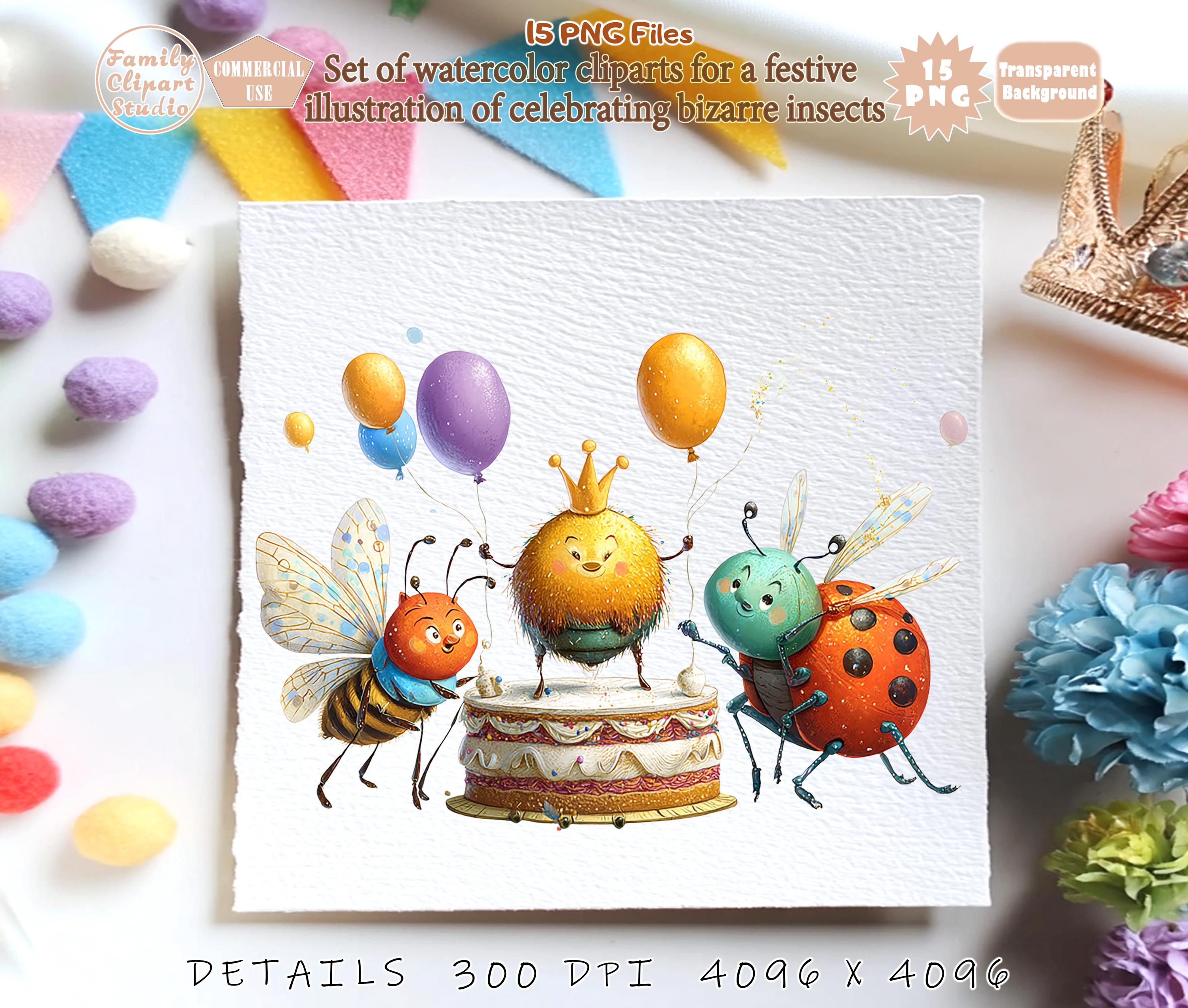 Cute Bug Birthday Clipart PNG Bundle, 15 Insect Party Cake PNG Files ...