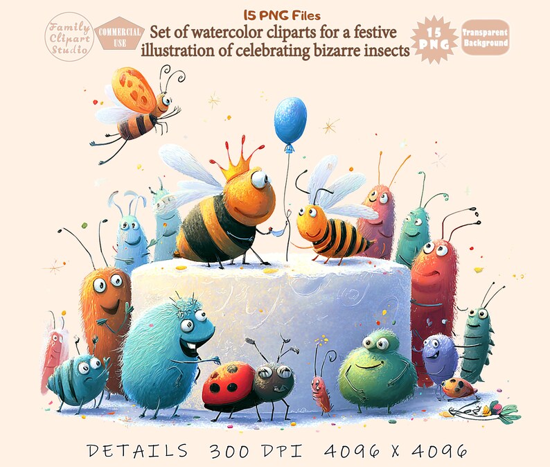 Celebrating Insects Cute Bug Birthday Clipart PNG Bundle, 15 Insect Party Cake PNG Files ...
