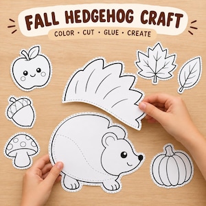 Może przedstawiać: Zestaw do prac ręcznych z napisem FALL HEDGEHOG CRAFT i podtytułem COLOR CUT GLUE CREATE. Zestaw zawiera czarno-białe kontury jeża, jabłka, żołędzia, grzyba, dyni i liści z przerywanymi liniami ułatwiającymi wycinanie poszczególnych elementów.