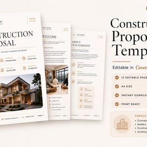 May include: A 2026 edition construction proposal template document set featuring a clean layout with beige and white tones. The pages include sections for company details, project information, and imagery of a modern house. Text includes Construction Proposal, 12 Editable Pages, A4 Size, Instant Download, and Print Ready.