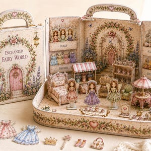 Könnte beinhalten: Ein tragbares Enchanted Fairy World Spielset mit einem aufklappbaren Koffer mit Blumenillustrationen, drei Feenpuppen, Miniaturmöbeln wie einem Bett und einem Tisch sowie Zubehör wie Kleidern, einer Krone und einem Zauberstab in Pastelltönen.