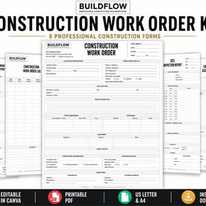 Op de afbeelding: Een bouw werkorderkit met 8 professionele formulieren, waaronder een werkorder, voltooiingsrapport, werkorderlogboek, inspectierapport van de locatie en een logboek voor de toewijzing van personeel en bemanning.