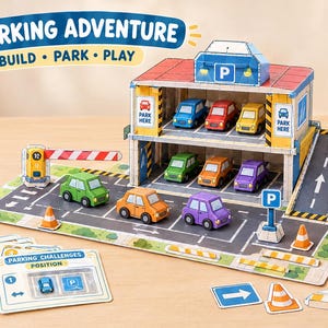 Könnte beinhalten: Ein Parkhaus-Spielset aus Pappe mit der Aufschrift Parking Adventure Build Park Play, bestehend aus einem zweistöckigen Gebäude, einer Rampe, einer Parkschranke und mehreren kleinen bunten Spielzeugautos in Blau, Rot, Gelb, Grün, Orange und Lila.