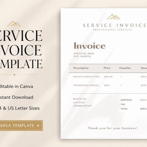 May include: A service invoice template featuring a clean, professional layout with a gold mountain logo. The document includes fields for description, price, quantity, and amount, with a billed to section, subtotal, tax, and total calculations.