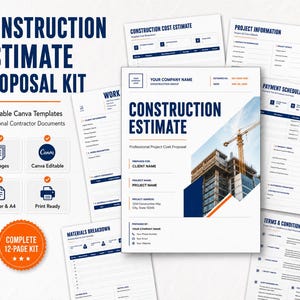 Könnte beinhalten: Ein Kostenvoranschlag-Kit für Bauprojekte mit 12 bearbeitbaren Canva-Vorlagen für professionelle Auftragnehmer-Dokumente. Die Unterlagen enthalten Abschnitte für Projektinformationen, Zahlungspläne und Geschäftsbedingungen in Blau und Weiß.