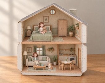 May include: A two-story dollhouse featuring a bedroom on the top floor with a bed, wardrobe, and doll, and a living room and kitchen on the bottom floor with a sofa, dining set, doll, and cat figure. The structure has light-colored walls.