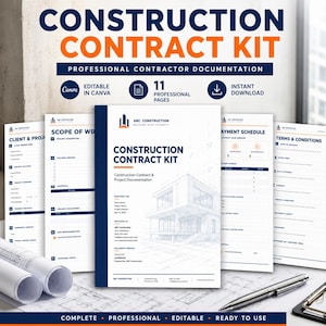 May include: A construction contract kit featuring 11 professional pages of documentation. The documents include client and project forms, scope of work, payment schedules, and terms and conditions, all displayed with blue and orange text accents.