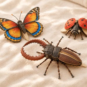 Puede incluir: Tres modelos de insectos que incluyen una mariposa con alas naranjas, negras y azules, una mariquita roja con puntos negros y un escarabajo ciervo marrón con grandes mandíbulas. Cada figura está construida con piezas texturizadas.