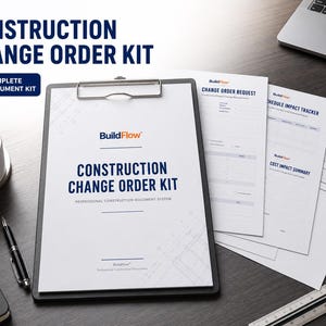 Op de afbeelding: Een Construction Change Order Kit documentenset op een zwart klembord. De pagina's bevatten een Change Order Request, Schedule Impact Tracker, Cost Impact Summary en Change Order Checklist, allemaal voorzien van het BuildFlow-logo.