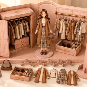 May include: A doll with long brown hair stands in a pink wardrobe playset. The doll wears a brown coat, white top, and plaid skirt. The set includes miniature clothing on hangers, a small handbag, sunglasses, a scarf, and a wooden display stand.