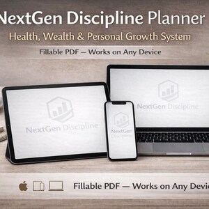 May include: A digital planner displayed on a tablet, smartphone, and laptop. The devices show the "NextGen Discipline" logo and text. The image includes a coffee cup, notepad, and a small plant, with the text "Health, Wealth & Personal Growth System."