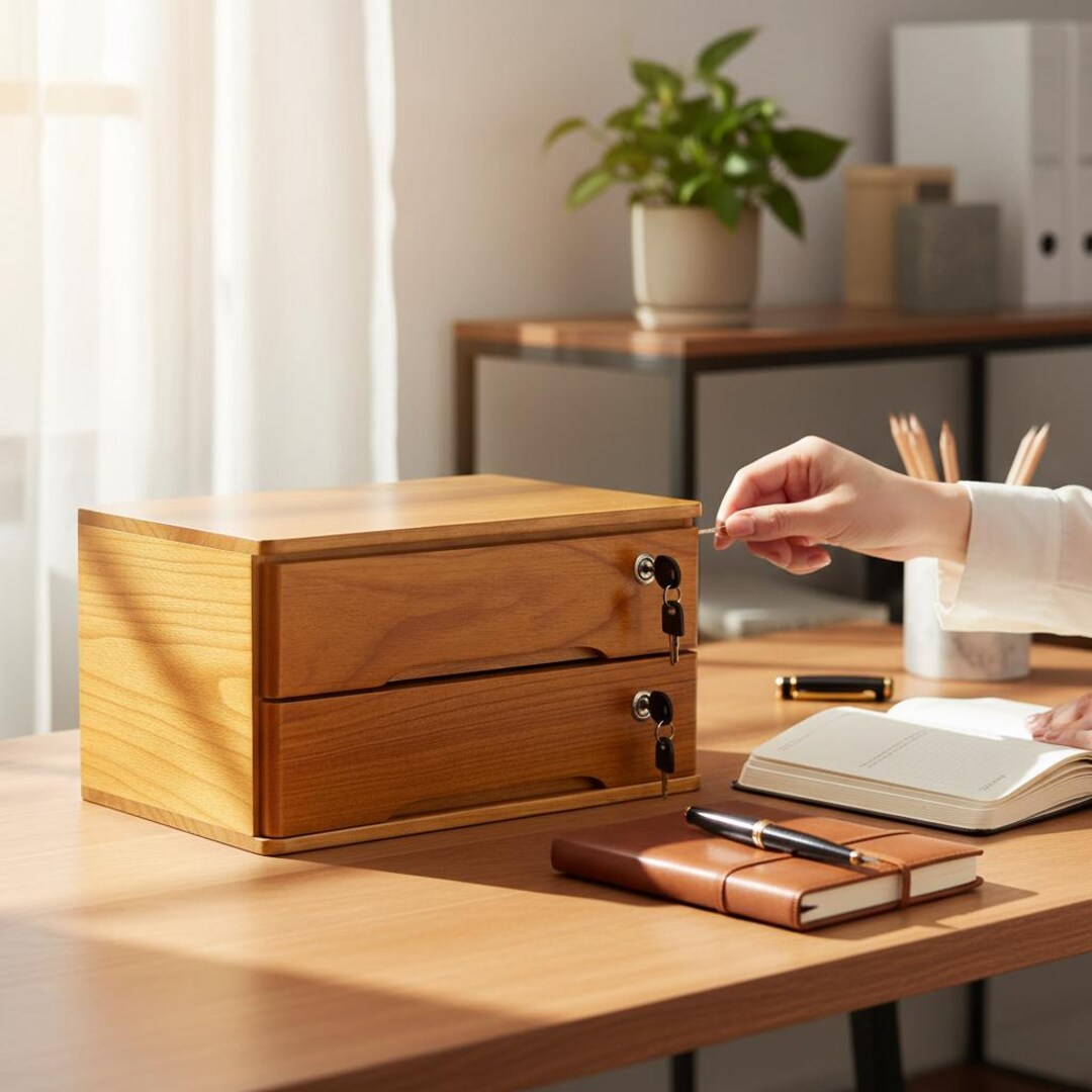 2-tier Wooden Desktop Storage Box Lockable Drawers Small Desk Organizer ...