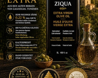 Aceite de oliva virgen extra Chétoui de primera calidad procedente de Túnez, 5 litros | Prensado en frío | Cosecha limitada