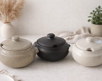 Handmade stoneware soup tureen with lid and handles, Gironde model, 2000 ml capacity, in 3 colors