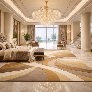 May include: A large rectangular area rug featuring a geometric pattern of curved, overlapping bands in shades of cream, beige, tan, and dark brown. The rug is positioned on a polished marble floor in a bedroom with a chandelier and a tufted bed.
