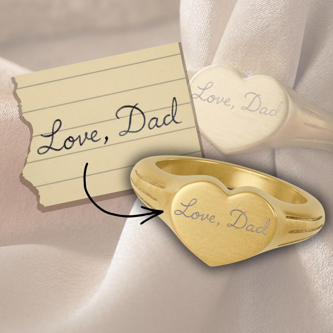 Memorial Ring Loss of Loved One, Actual Handwriting Jewelry, Gold Heart ...