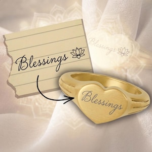 Meditation Mantra Ring, Actual Guru Handwriting Jewelry, Gold Heart Signet Ring, Personalized Keepsake, Blessings Ring Her, Sacred Message