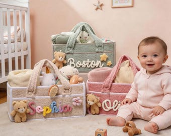 Personalized Baby Diaper Caddy with Name,Embroidered Nursery Storage Basket,Custom New Mom Gift,Plush Toy Organizer,Baby Shower Gift Basket