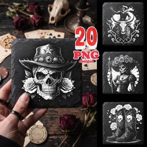 Könnte beinhalten: Eine Sammlung schwarzer quadratischer Untersetzer mit weißen grafischen Designs. Die Designs umfassen einen Totenkopf mit Cowboyhut, ein Skelett auf einem Bullen, eine Frau mit Blumenhut und Cowboystiefel mit Totenköpfen. Der Text "20 PNG designs" ist ebenfalls sichtbar.