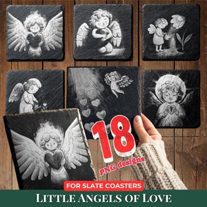 May include: A collection of black slate coasters featuring engraved angel designs. The angels are depicted in various poses, some holding hearts or watering flowers. The image includes the text "18 PNG designs" and "Little Angels of Love".