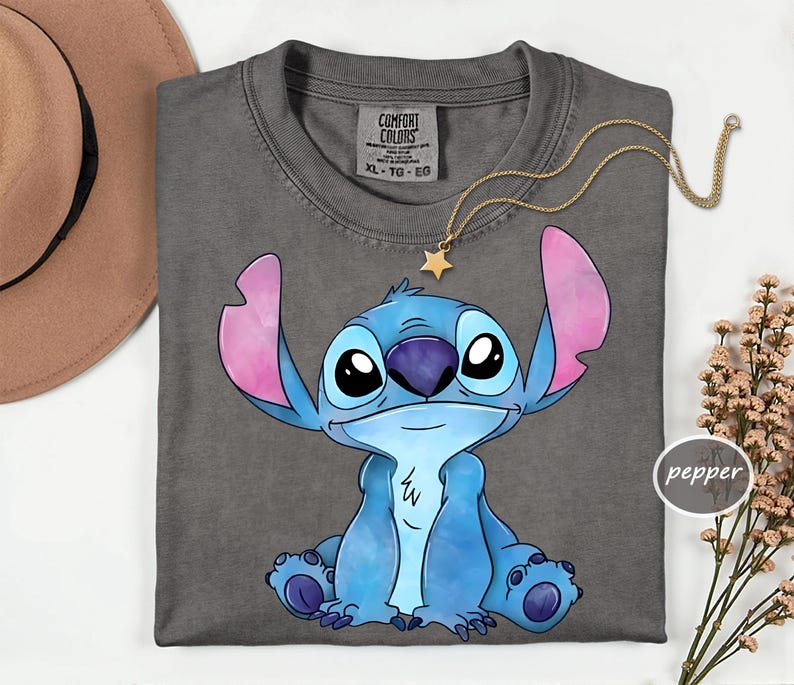 a gray t-shirt with a cartoon character design, specifically a blue and pink cartoon character resembling Lilo from the Lilo and Stitch movie franchise. The t-shirt is laid out on a white surface, with a hat and some flowers visible in the background.