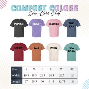 a size chart for various t-shirt colors, including Pepper, Violet, Blossom, Blue Jeans, Crimson, YAM, Ivory, Sea Foam, and others. The chart provides the corresponding size and width for each color, ranging from 18.5 to 32.5 inches.
