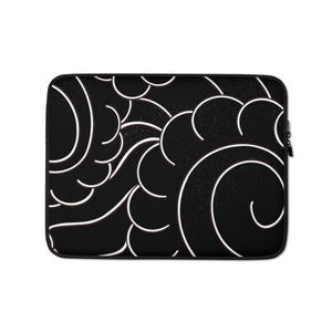 May include: Black laptop sleeve featuring a white, swirling cloud-like pattern. The design is a repeating motif of curved lines and shapes, creating a dynamic and artistic look. The sleeve has a zipper closure.