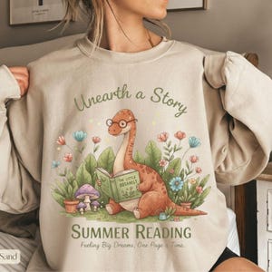 Cute Dinosaur Summer Reading PNG, Unearth a Story Dino Clipart, Kids Reading Program Design, Teacher Librarian Shirt Sublimation PNG