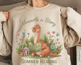 Cute Dinosaur Summer Reading PNG, Unearth a Story Dino Clipart, Kids Reading Program Design, Teacher Librarian Shirt Sublimation PNG