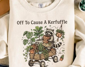 Off To Cause A Kerfuffle PNG: Funny Raccoon Plant Lover png Gardening Humor Cute Chaos Design (Digital Download)