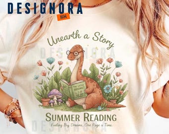 Dinosaur Reading PNG, Book Lover Sublimation Design, Cottagecore Dino Shirt PNG, Summer Reading Program, Teacher Librarian Gift, Bookworm