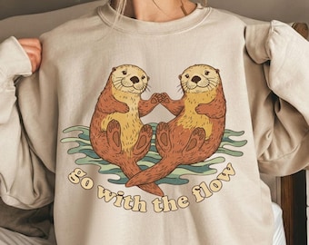 Go With The Flow Otter PNG, Vintage Cute Otter Couple Clipart, Retro Animal Lover Sublimation Design PNG