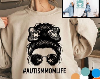 Autism Mom Life PNG, Messy Bun Autism Awareness Sublimation, Puzzle Piece Bow Digital Download, Neurodiversity Mom DTF, Special Needs PNG