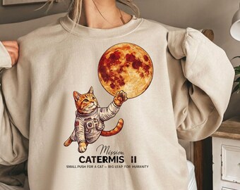 Mission Cat II Kleiner Schubs für eine Katze Großer Sprung für die Menschheit PNG: Astronaut Katze Kosmischer Mond Kunst (Digitaler Download)